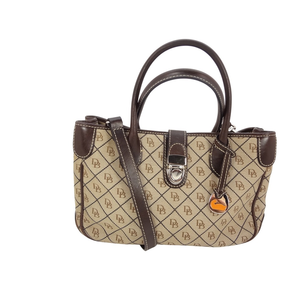 Dooney & Bourke Signature Monogram Satchel Bag Beige Brown Leather‎ Trim